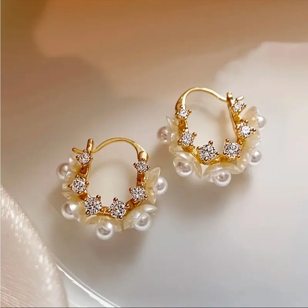 Pearl Hoop Earrings Floral CZ Accents Romantic Statement Jewelry NWT - Picture 4 of 6